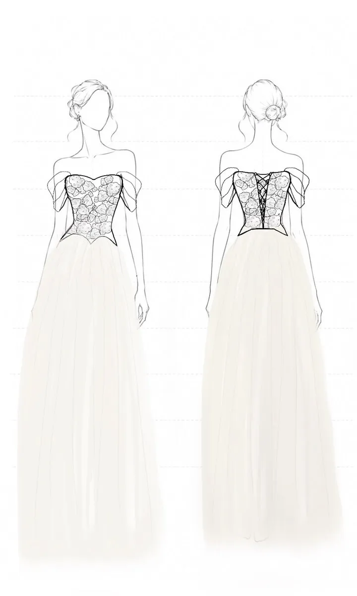 Line sketch of a flower-corset wedding gown, front and back view