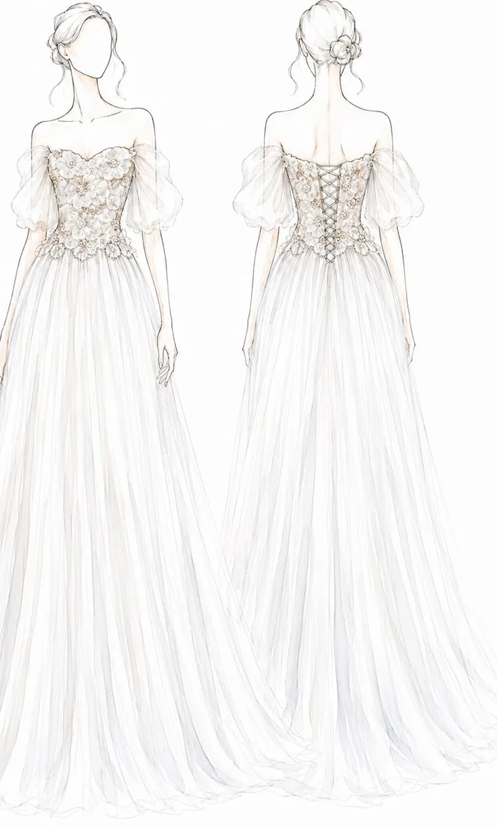 Rendered design sheet of the same flower-corset gown