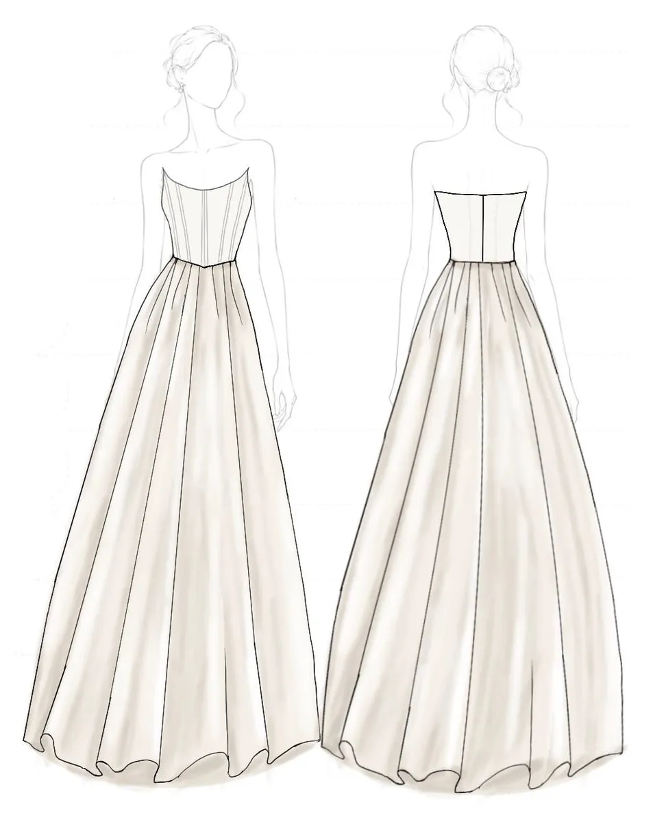 Design sheet for a strapless satin corset gown, front and back view