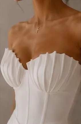 Close detail of the wedding satin on the Colette wedding gown