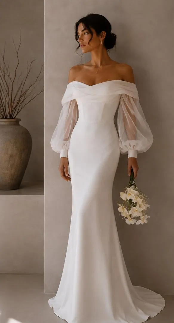 Delphine made-to-measure wedding gown in wedding satin, full length front view