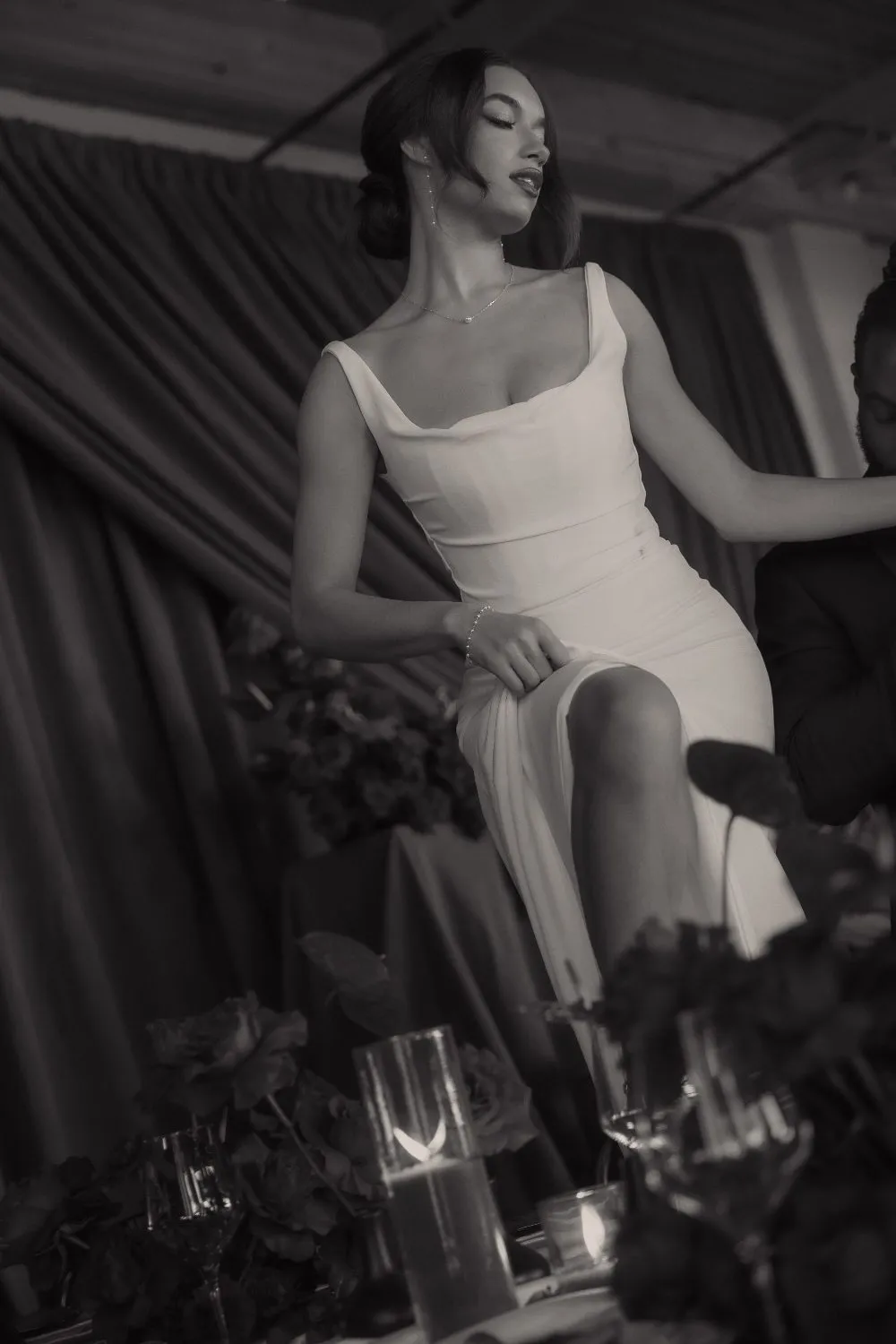 The draped gown photographed in black and white