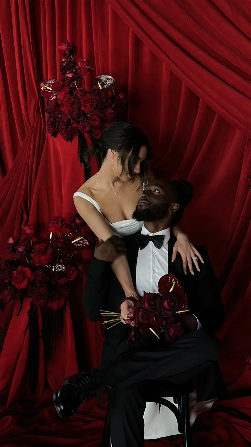 The bride seated, showing how the fabric falls