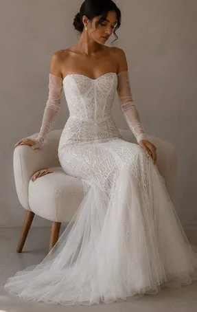 Leocadia wedding gown worn seated, showing how the skirt falls