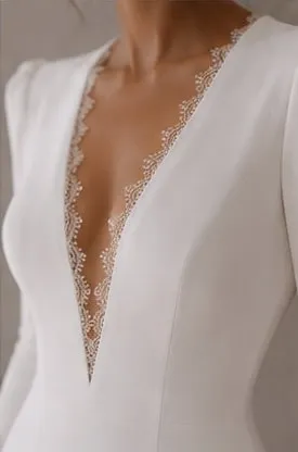 Close detail of the matte crepe on the Rosalind wedding gown