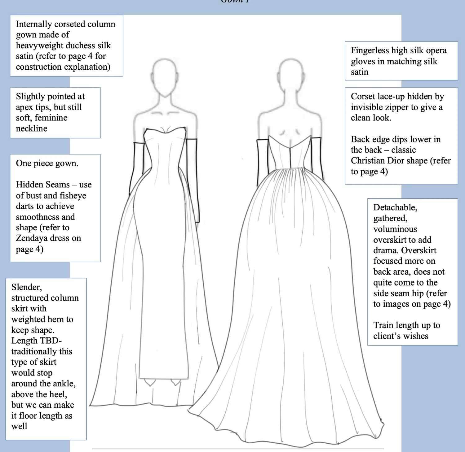 Technical sketches of a wedding gown with construction notes in the margins