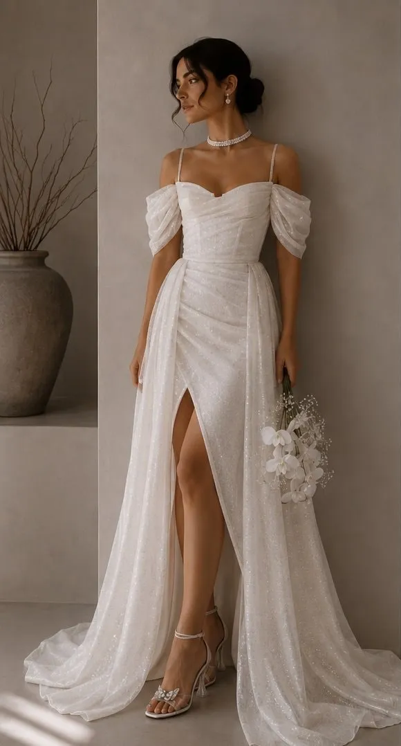 Theodora made-to-measure wedding gown in silk mikado with overlay, full length front view
